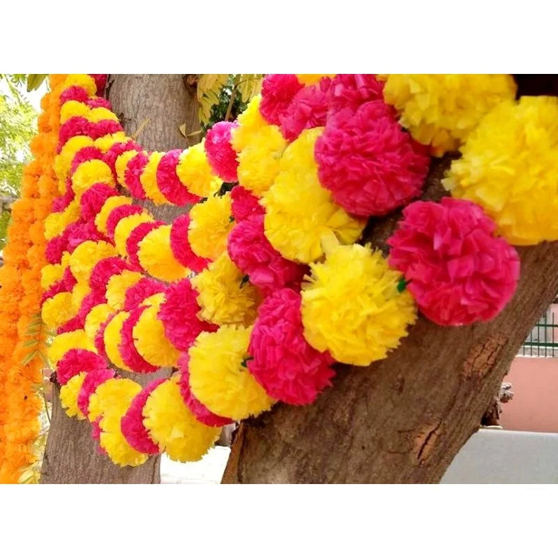 Yellow & Hot Pink Artificial Marigold Flower Strings (10 pieces)