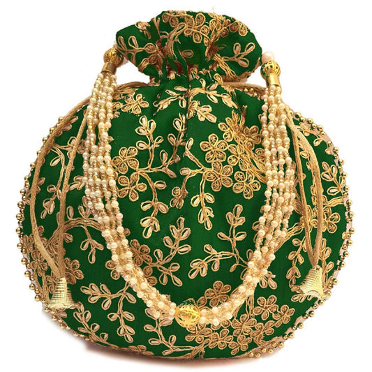 Green Indian Handmade Women's Embroidered Clutch Purse Potli Bag Pouch Drawstring Bag