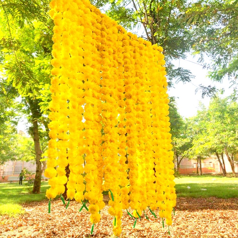 Yellow Artificial Flower Marigold Garland - 100 Strings