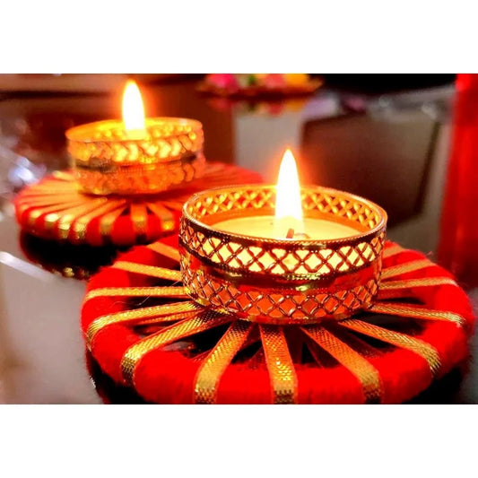 Exclusive PACK OF 4 METAL DIYA SET WITH GOTA WORK by Ratna Handicrafts