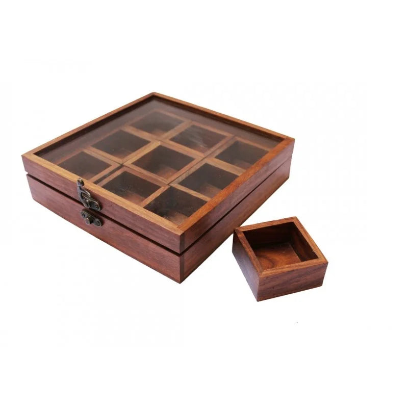 WOODEN SPICE BOX - SPICE ORGANIZER - SHEESHAM BOX FOR SPICES - SPICE BOX WITH COMPARTMENT - INDIAN MASALA BOX