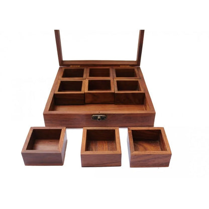 WOODEN SPICE BOX - SPICE ORGANIZER - SHEESHAM BOX FOR SPICES - SPICE BOX WITH COMPARTMENT - INDIAN MASALA BOX